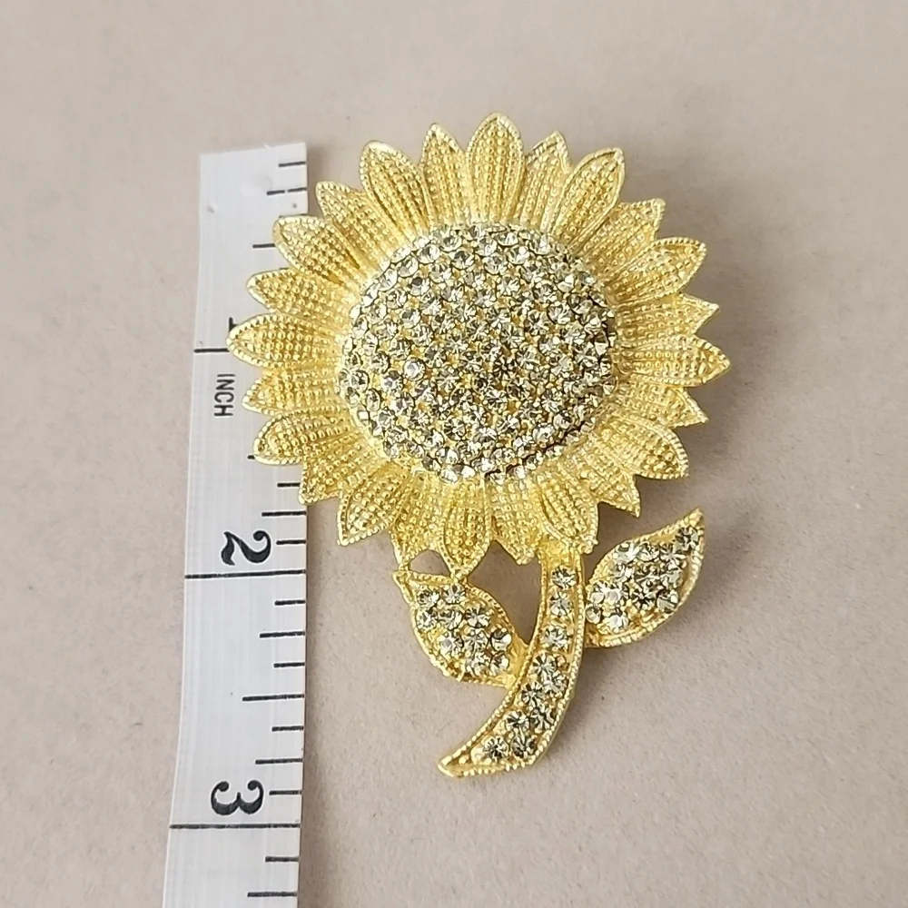 Gold Sunflower Brooch Pin with Clear CZ Stones